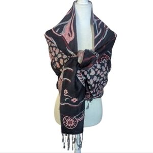 Reversible Oversized Pashmina Black Pink Print Fringe Silk Blend Scarf/Shawl